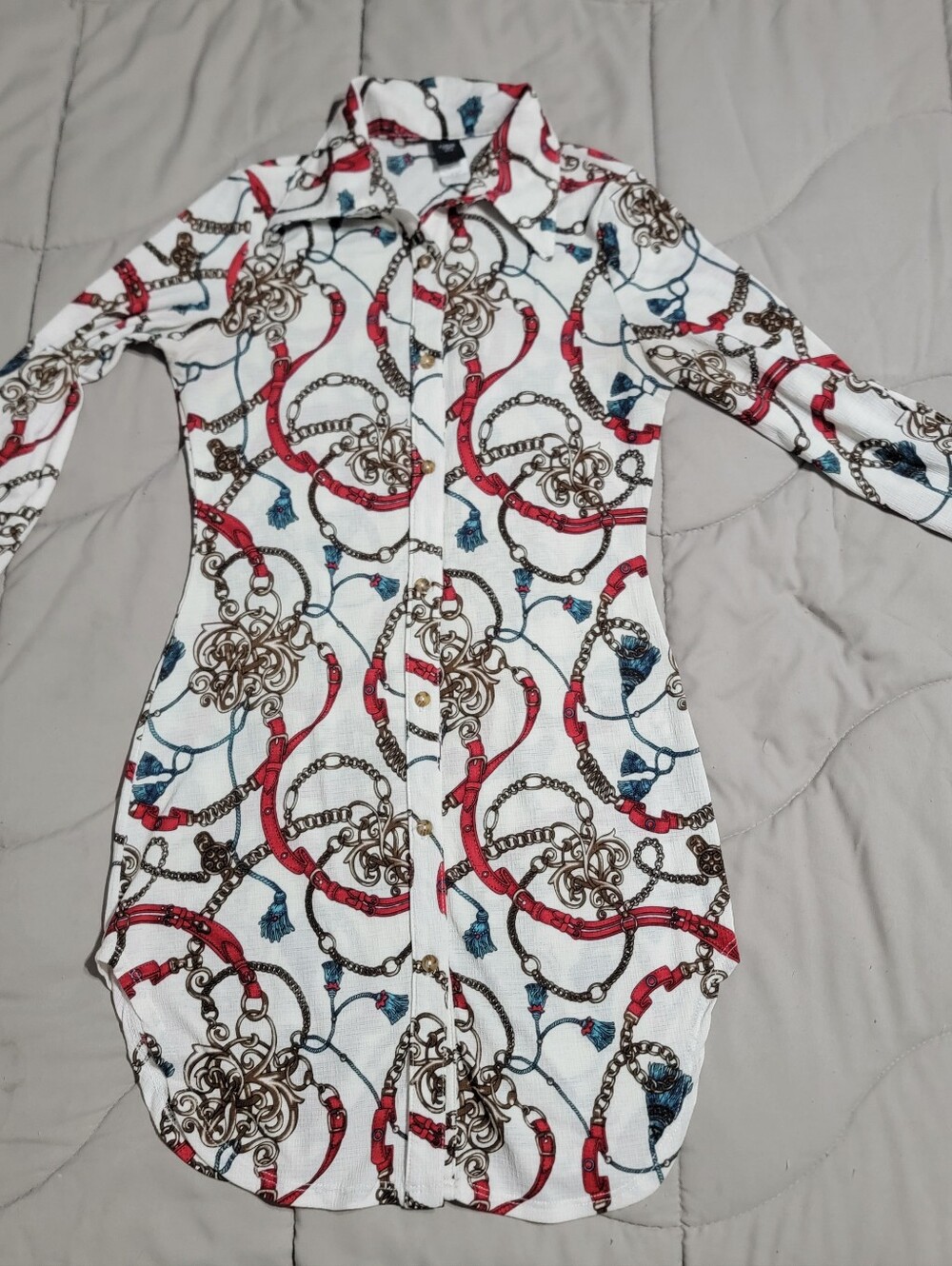 GIBIU USA Vintage Baroque Chain & Tassel Print Mini Dress - Size Small